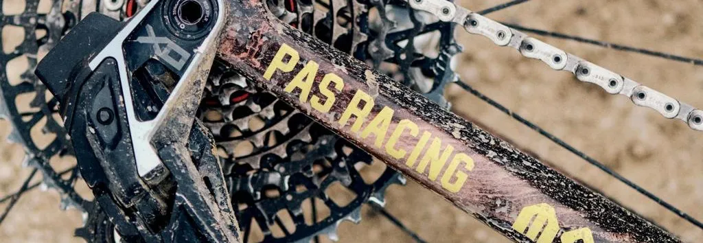 SRAM rear derailleur, cassette and chain on a PAS Racing gravel bike