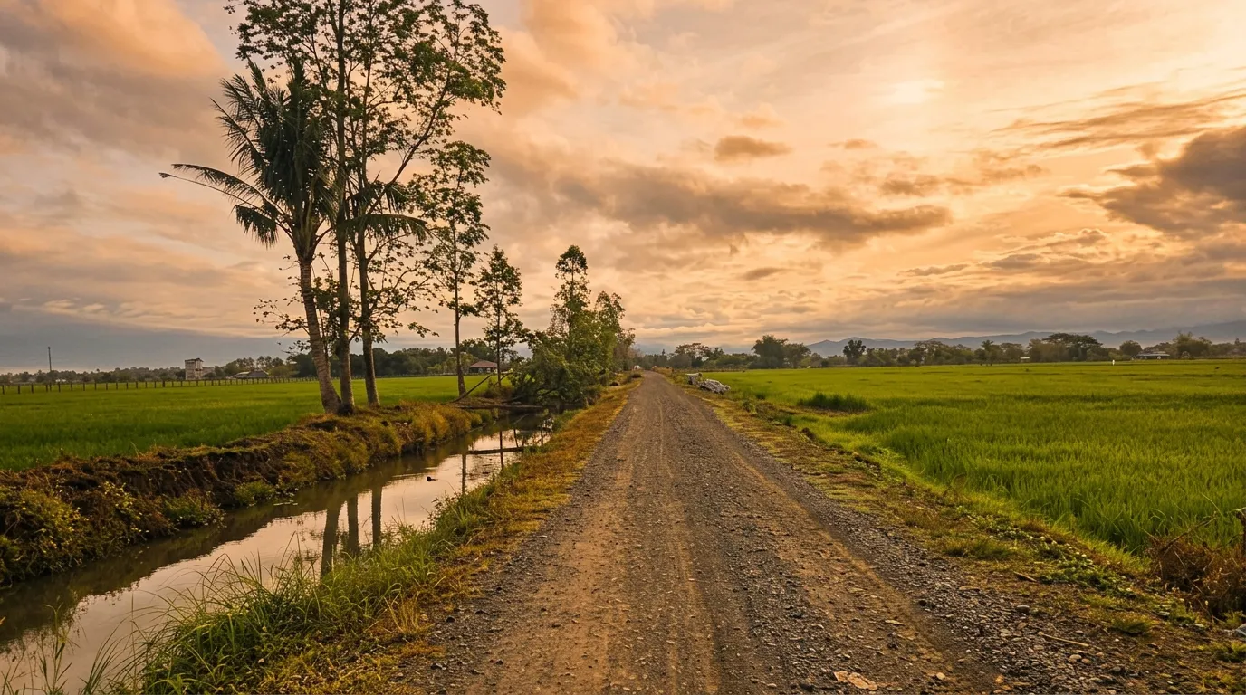 Gravel road between rice fields at sunset in Nueva Ecija