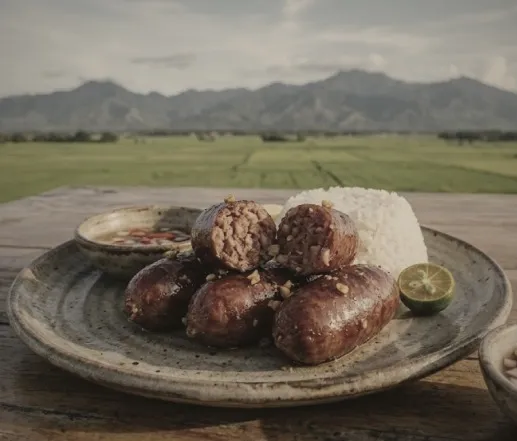 Plate of Cabanatuan-style longganisa with rice and calamansi beside a rice field