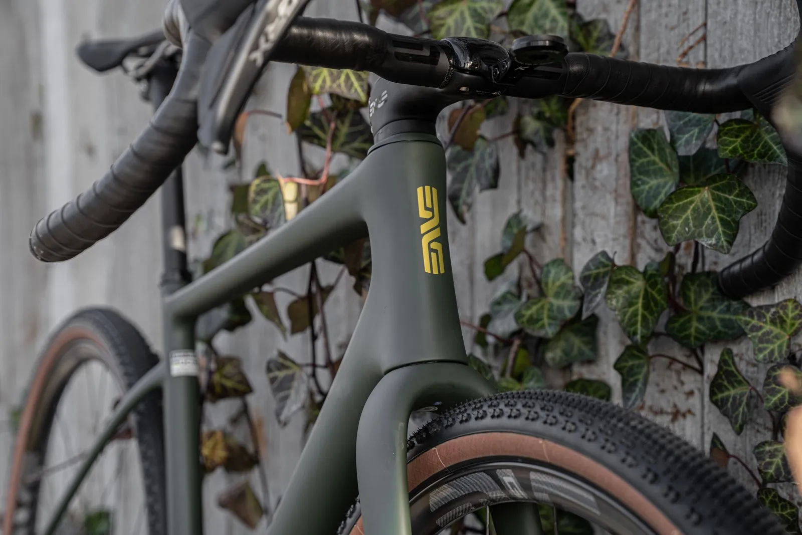 Olive green ENVE MOG top tube and cockpit beside an ivy-covered fence